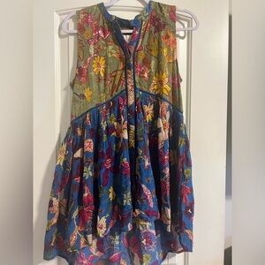 Anthropologie Nia Tunic Blue Green Floral V Neck Sleeveless Women's Size S